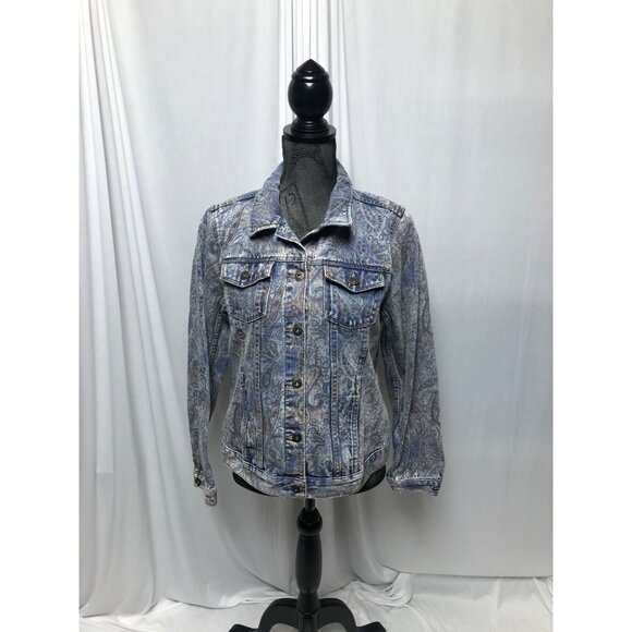 Ruff Hewn Jean Jacket Womens Size Medium Paisley Button Up Denim Boho Trucker - Picture 1 of 8